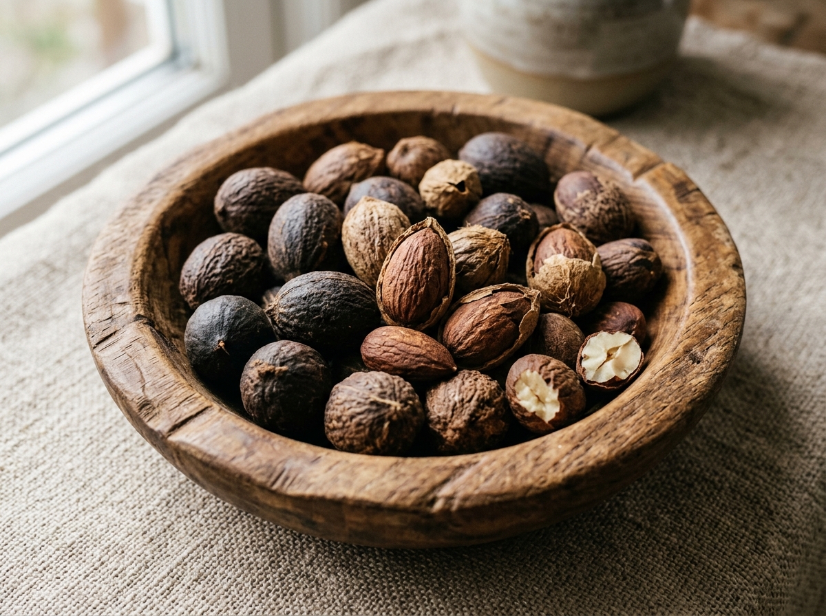 Amandes de karité dans un récipient en bois
